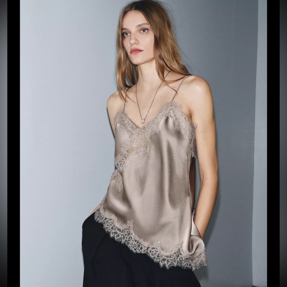 NWT Zara Satin Lace Trim Camisole - Taupe